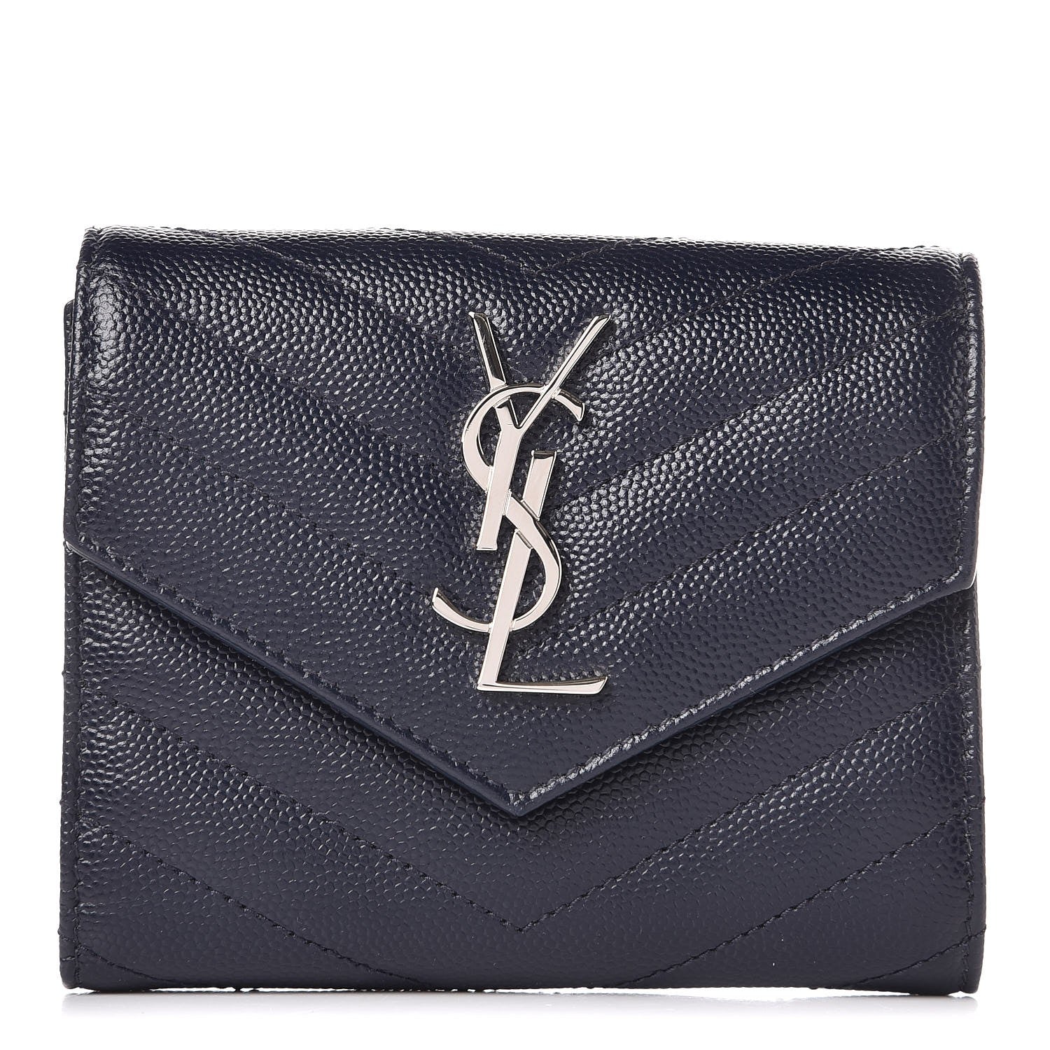 Saint Laurent Grain De Poudre Matelasse Chevron Monogram Compact Tri Fold Wallet Blue Sapphire 1 of 7