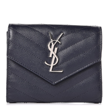 Saint Laurent Grain De Poudre Matelasse Chevron Monogram Compact Tri Fold Wallet Blue Sapphire 1 of 7