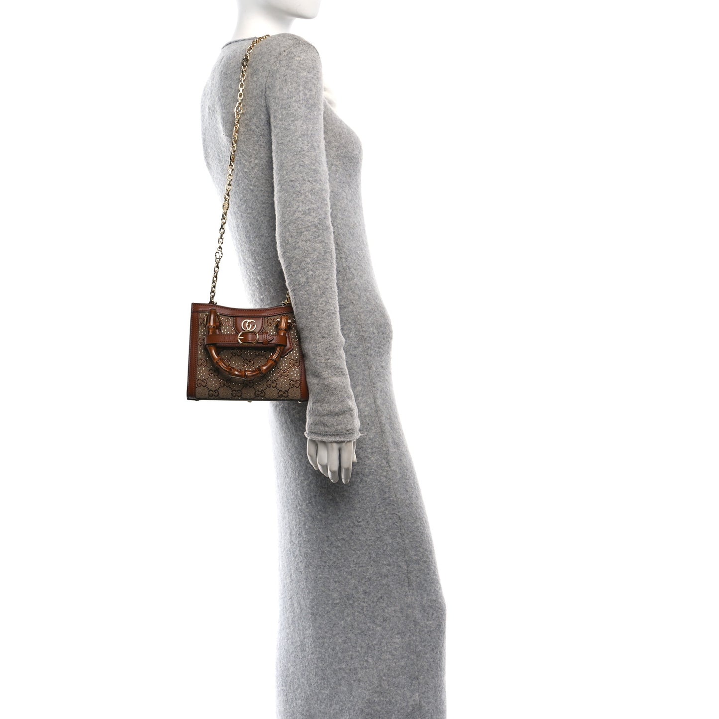 New Canvas Charisma Calfskin Crystal GG Monogram Mini Diana Tote Bag Camel Ebony