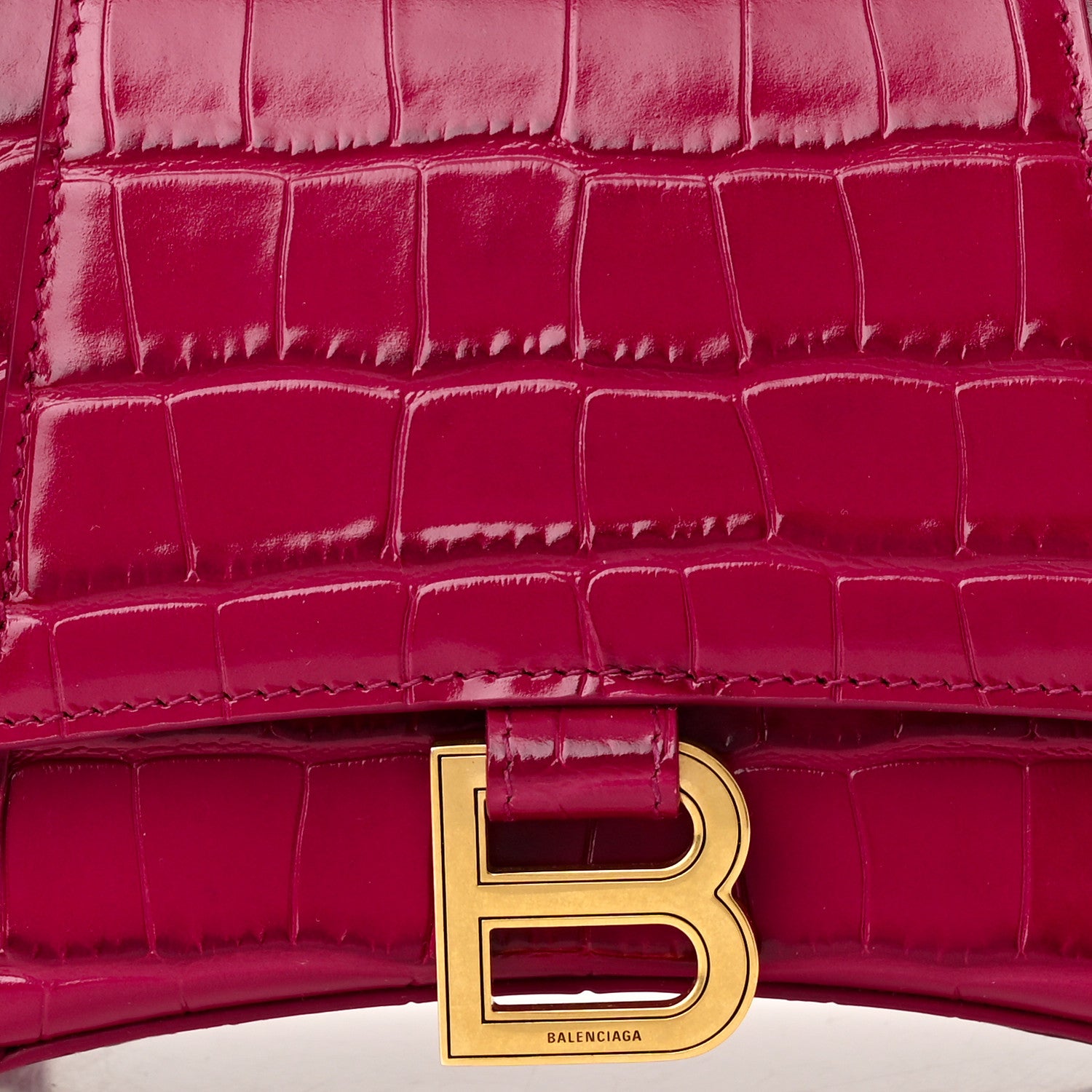 Balenciaga Shiny Calfskin Crocodile Embossed Small Hourglass Top Handle Bag Raspberry 8 of 10
