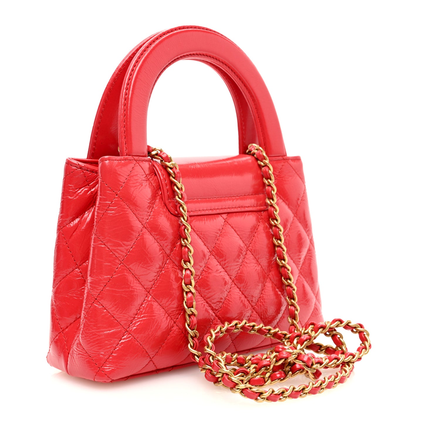 Shiny Aged Calfskin Quilted Nano Kelly Shopper Red