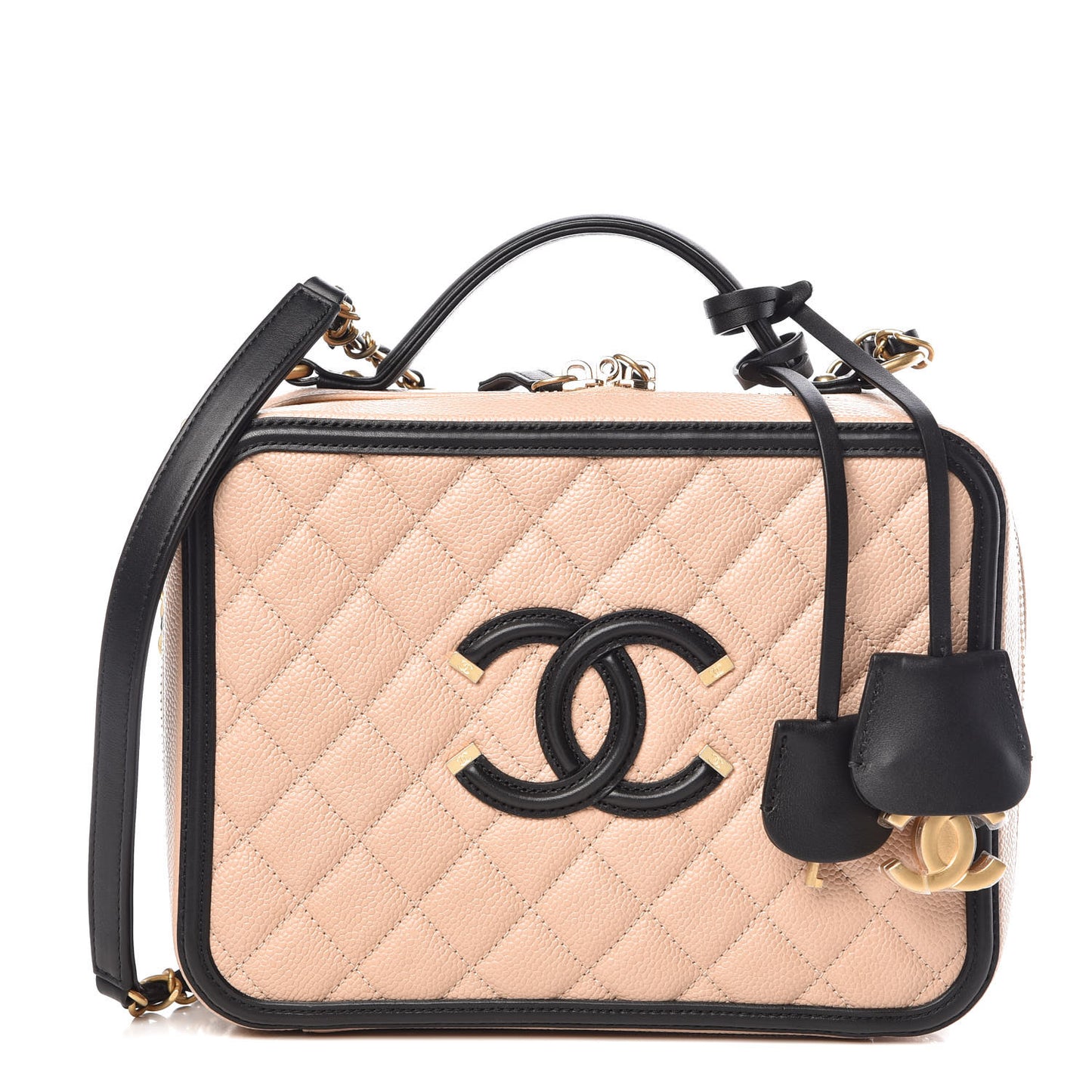 Caviar Quilted Large CC Filigree Vanity Case Beige Black