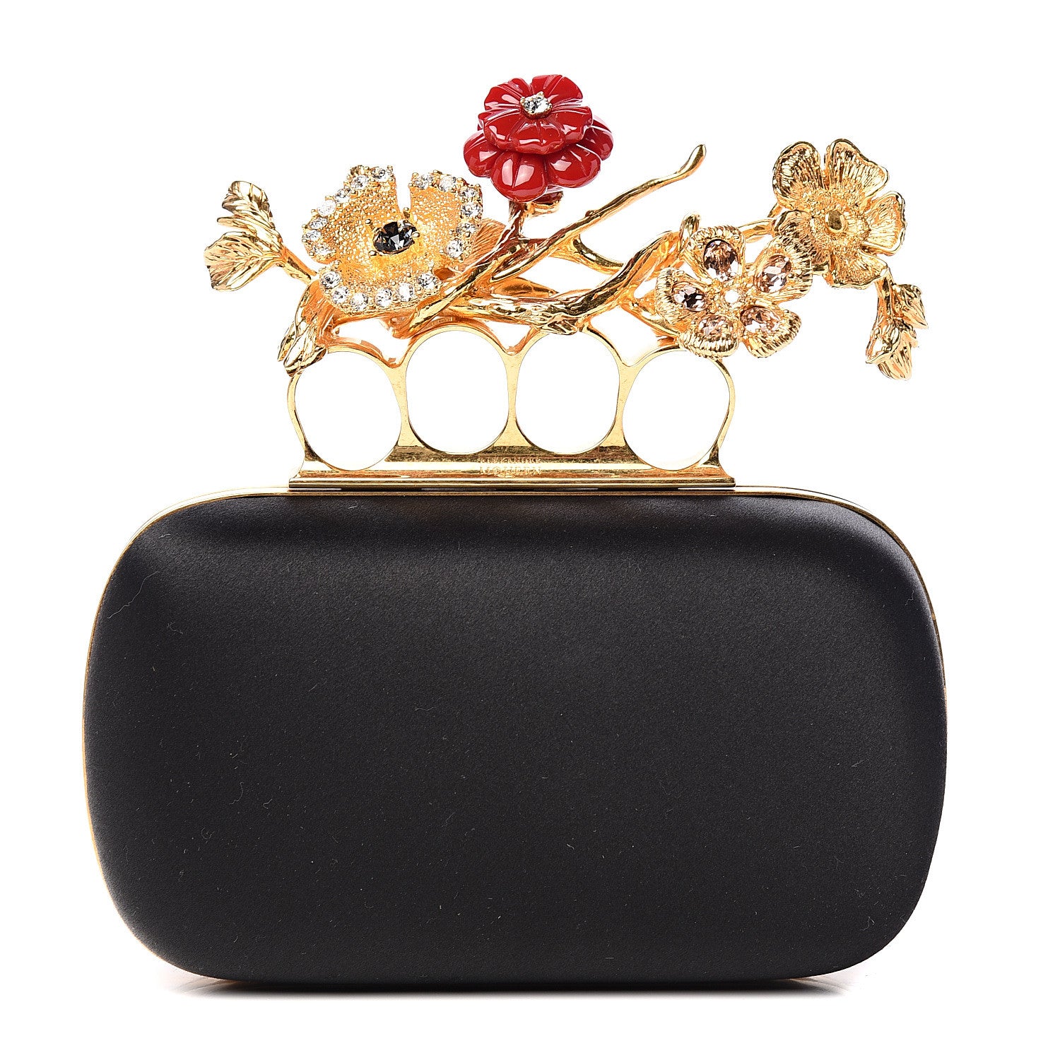 Alexander McQueen Satin Floral Knuckle Duster Box Clutch Black 1 of 7