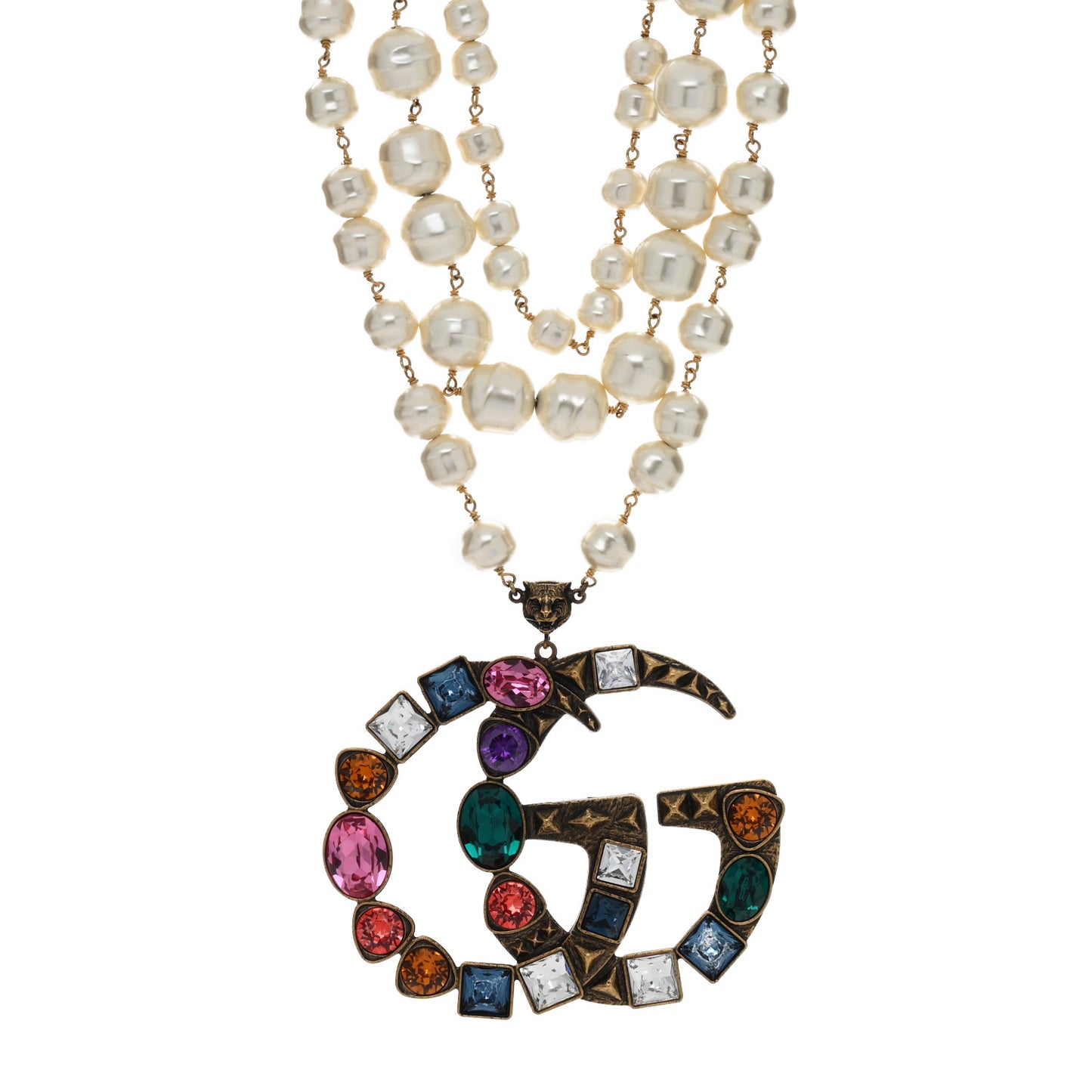 Crystal Pearl Double G Necklace Aged Gold Multicolor
