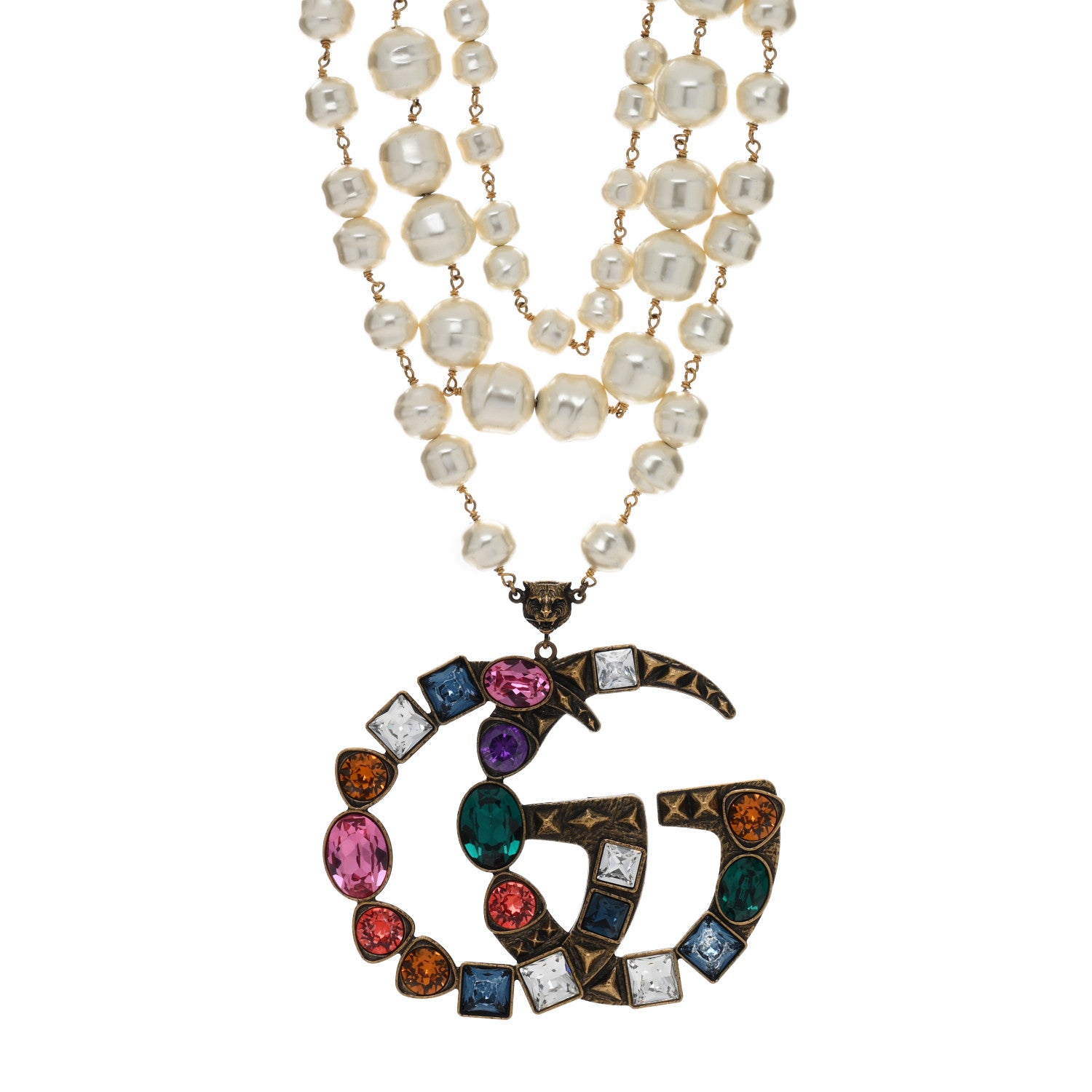Gucci Crystal Pearl Double G Necklace Aged Gold Multicolor 1 of 4
