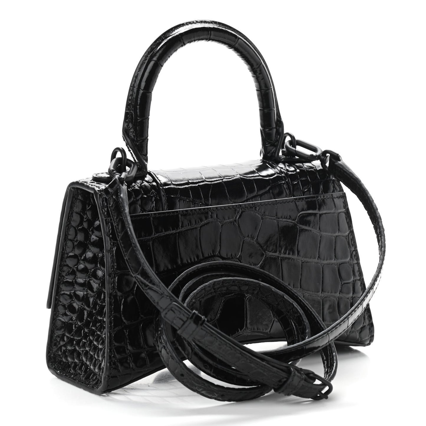 Shiny Calfskin Monochrome Crocodile Embossed Hourglass Top Handle Bag XS Black