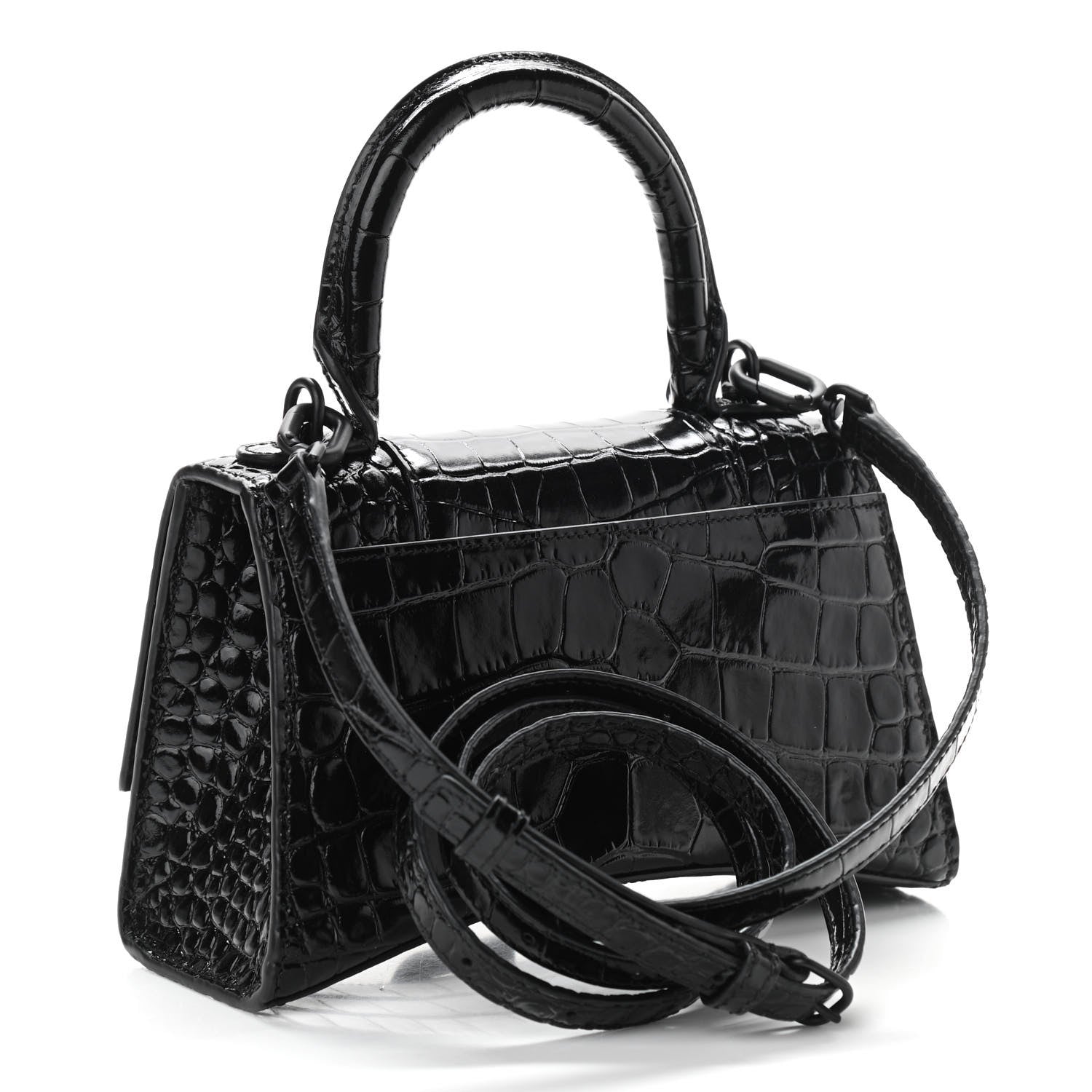 Balenciaga Shiny Calfskin Monochrome Crocodile Embossed Hourglass Top Handle Bag XS Black 3 of 12