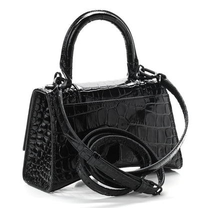 Balenciaga Shiny Calfskin Monochrome Crocodile Embossed Hourglass Top Handle Bag XS Black 3 of 12