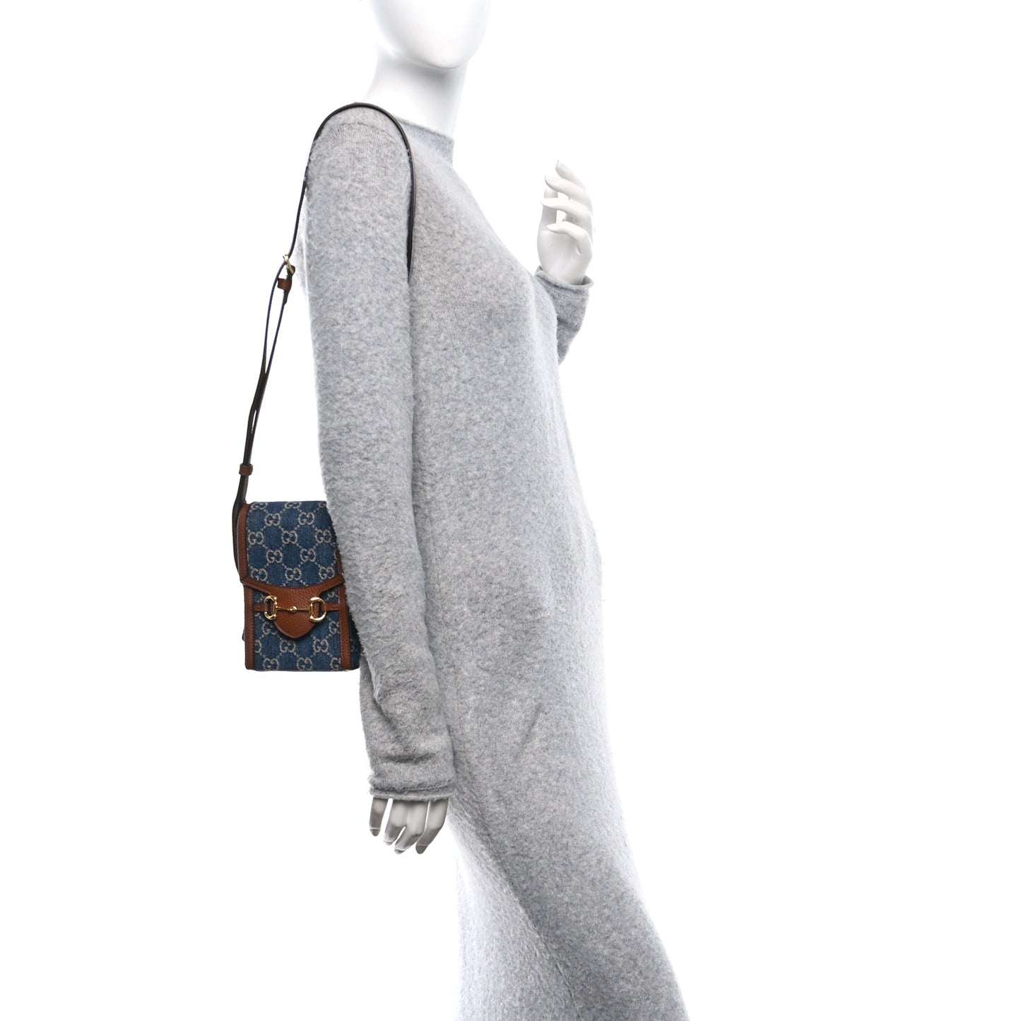 New Denim GG Monogram Dollar Calfskin Mini Horsebit 1955 Crossbody Bag Blue Tea Cuir Epilog