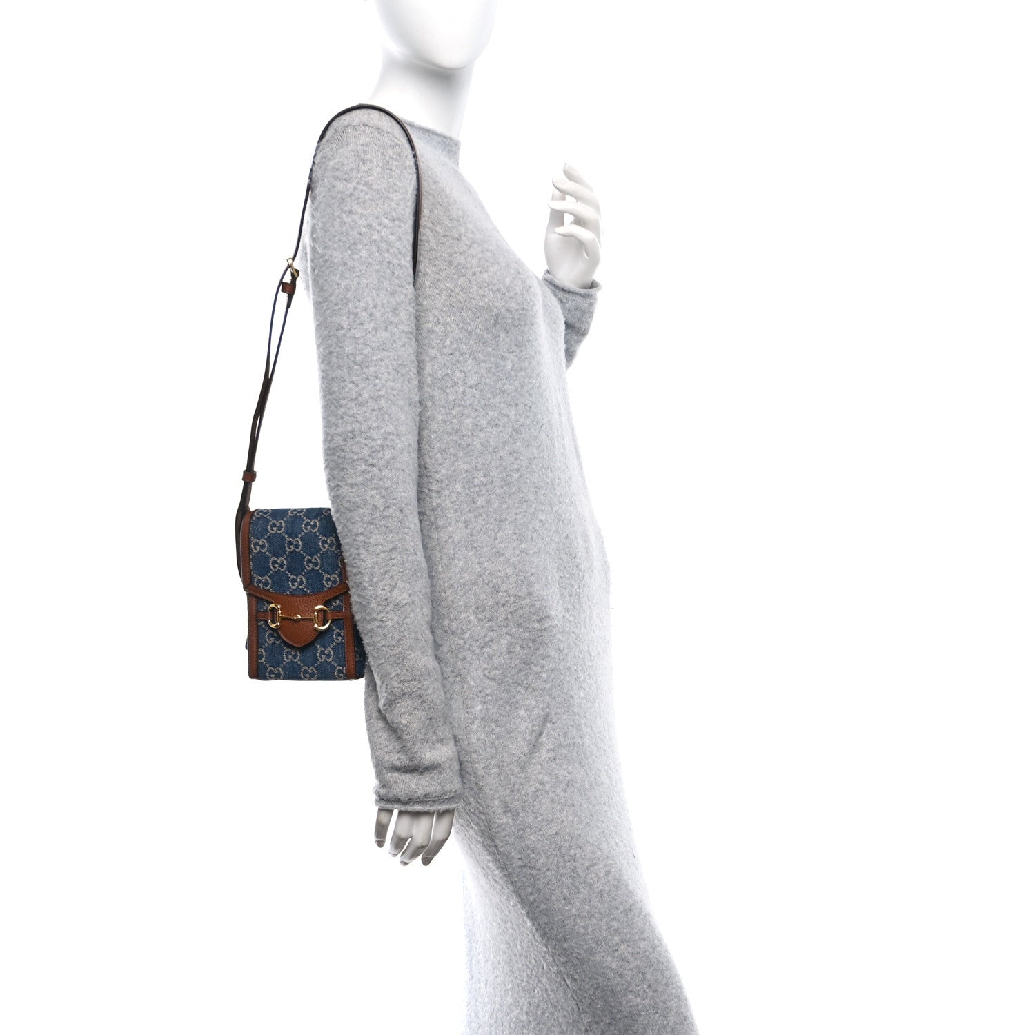 Gucci New Denim GG Monogram Dollar Calfskin Mini Horsebit 1955 Crossbody Bag Blue Tea Cuir Epilog 2 of 10
