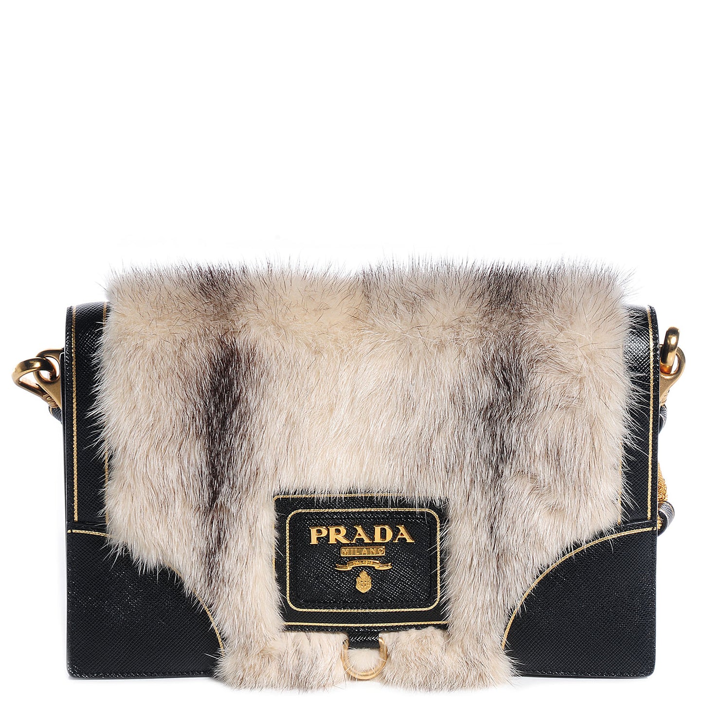 Saffiano Mink Fur Accordion Flap Bag Black