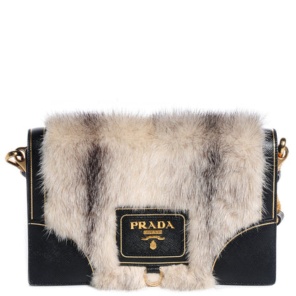 Prada Saffiano Mink Fur Accordion Flap Bag Black 1 of 9