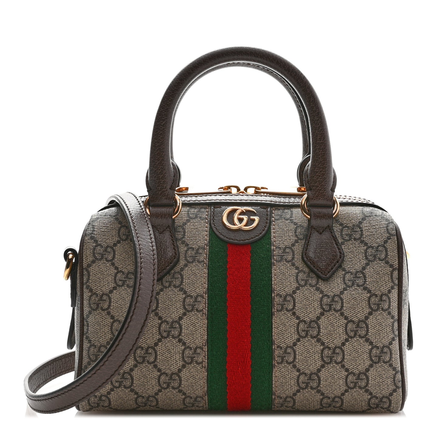 GG Supreme Monogram Textured Dollar Calfskin Web Mini Ophidia Top Handle Bag Beige Ebony New Acero