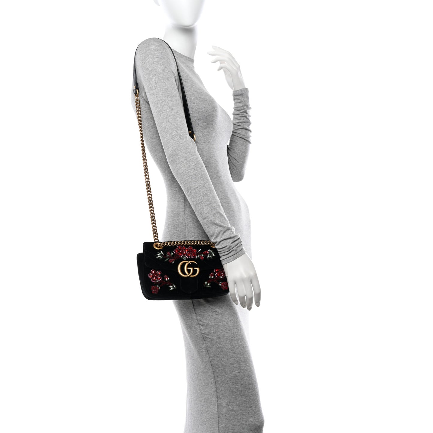 Velvet Matelasse Embroidered Mini GG Marmont Shoulder Bag Black