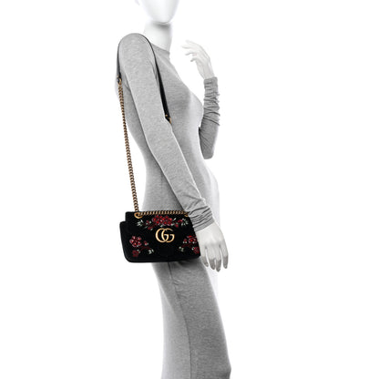Gucci Velvet Matelasse Embroidered Mini GG Marmont Shoulder Bag Black 2 of 11