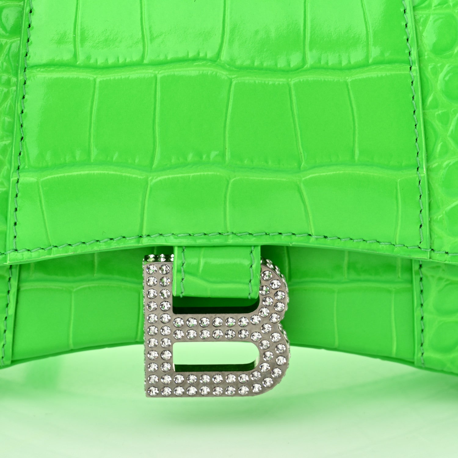Balenciaga Shiny Calfskin Strass Crocodile Embossed Hourglass Top Handle Bag XS Fluo Green 8 of 10