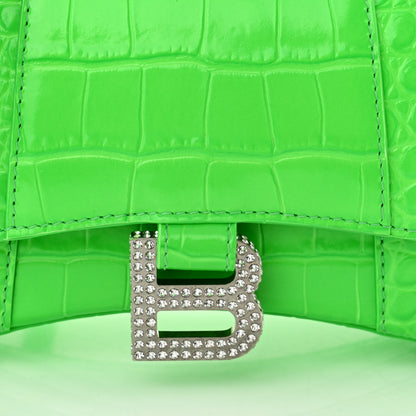 Balenciaga Shiny Calfskin Strass Crocodile Embossed Hourglass Top Handle Bag XS Fluo Green 8 of 10