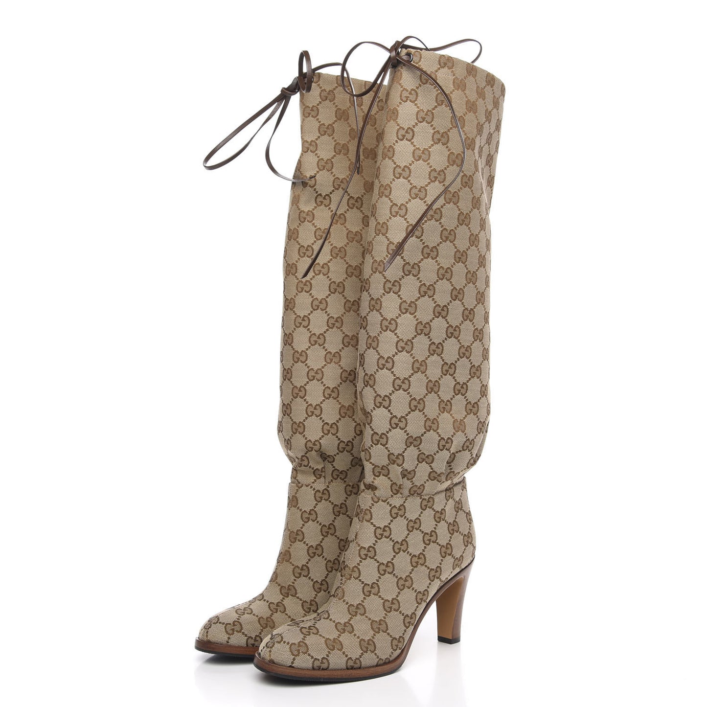 Monogram Malaga Kid Lisa Mid Heel Boots 37 Beige Ebony