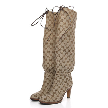 Gucci Monogram Malaga Kid Lisa Mid Heel Boots 37 Beige Ebony 3 of 7