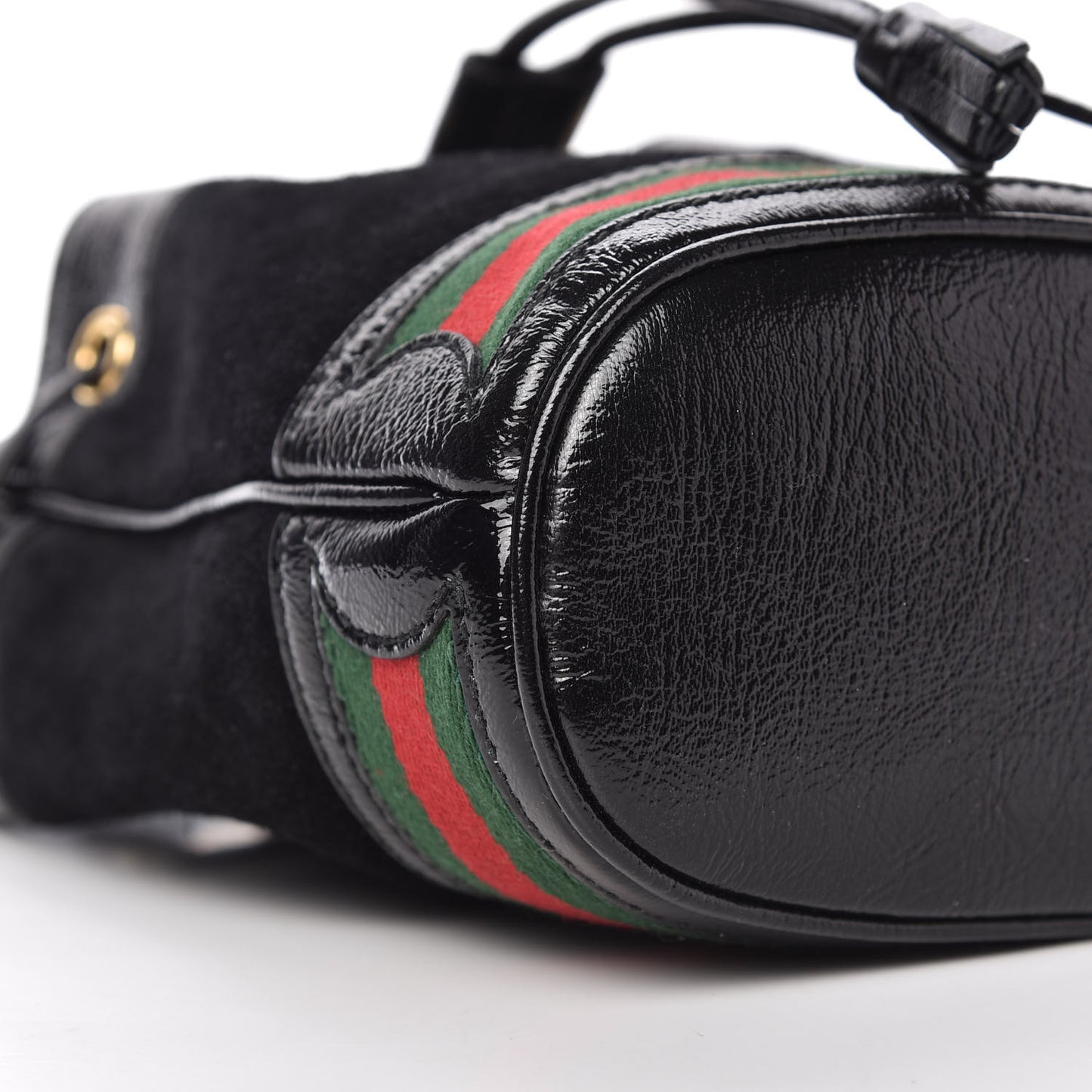 Suede Patent Web Mini Ophidia Bucket Bag Black