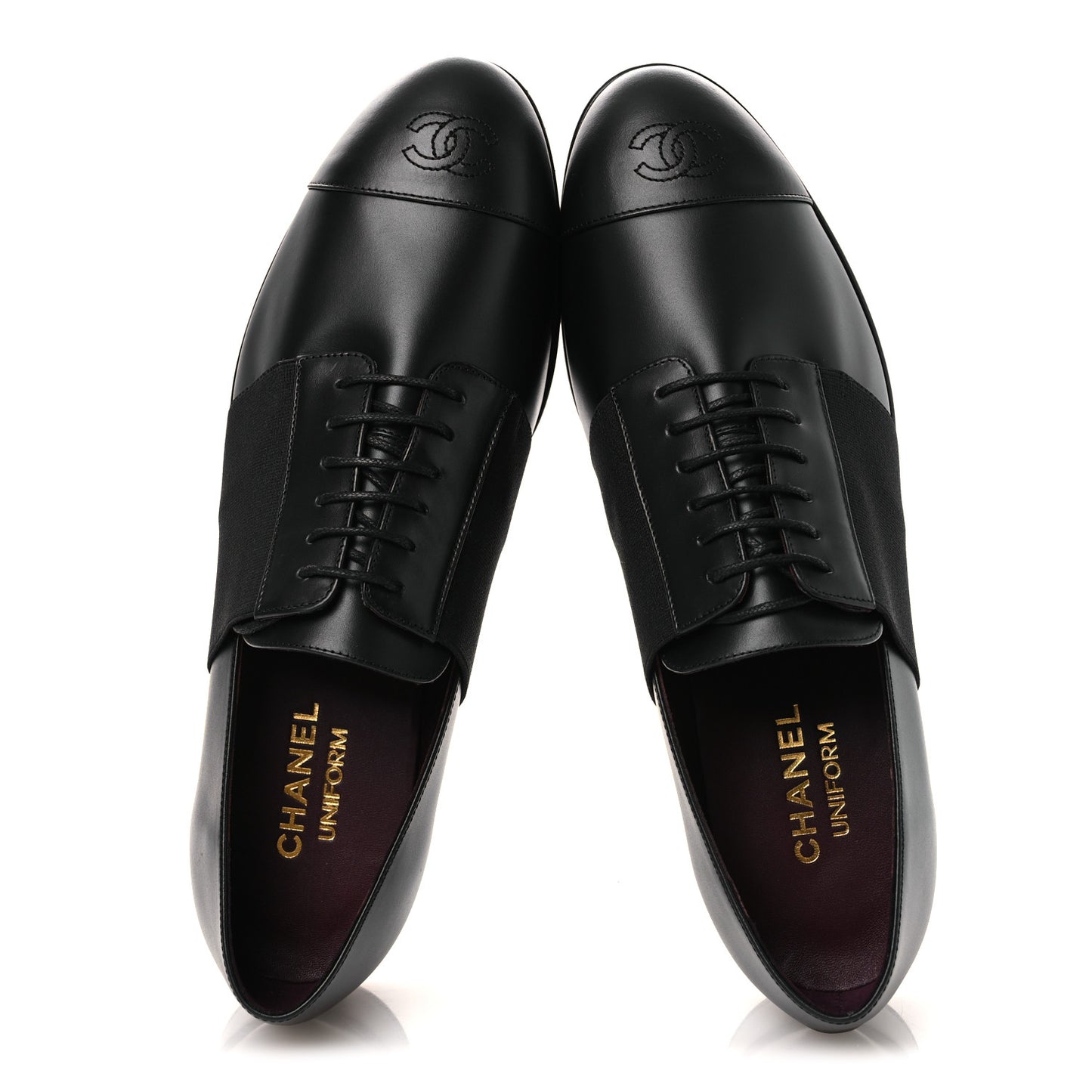 Calfskin Elastic Lace Up Cap Toe CC Loafers 42 Black