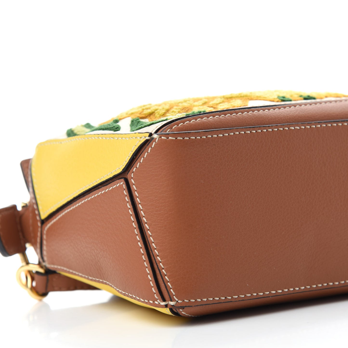 Calfskin Embroidered Floral Mini Puzzle Bag Tan Yellow