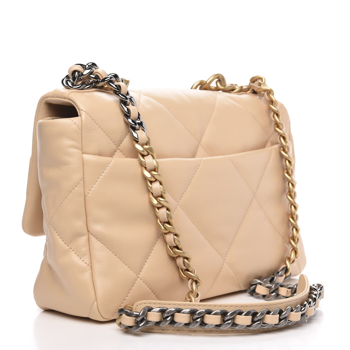 Shiny Goatskin Quilted Large Chanel 19 Flap Beige