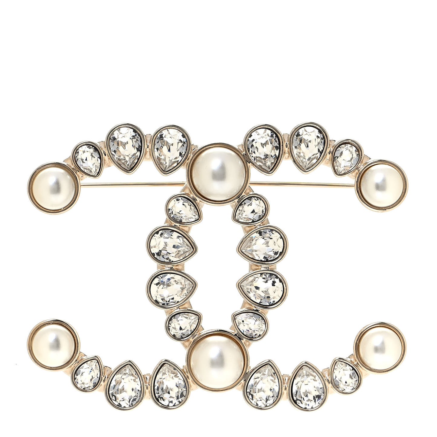 Pearl Crystal CC Brooch Gold