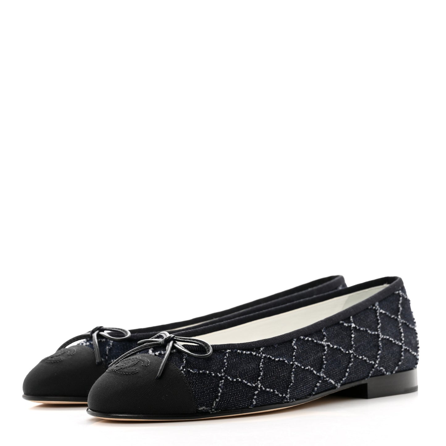 Denim Quilted Grosgrain Cap Toe Ballerina Flats 37 Dark Blue Black