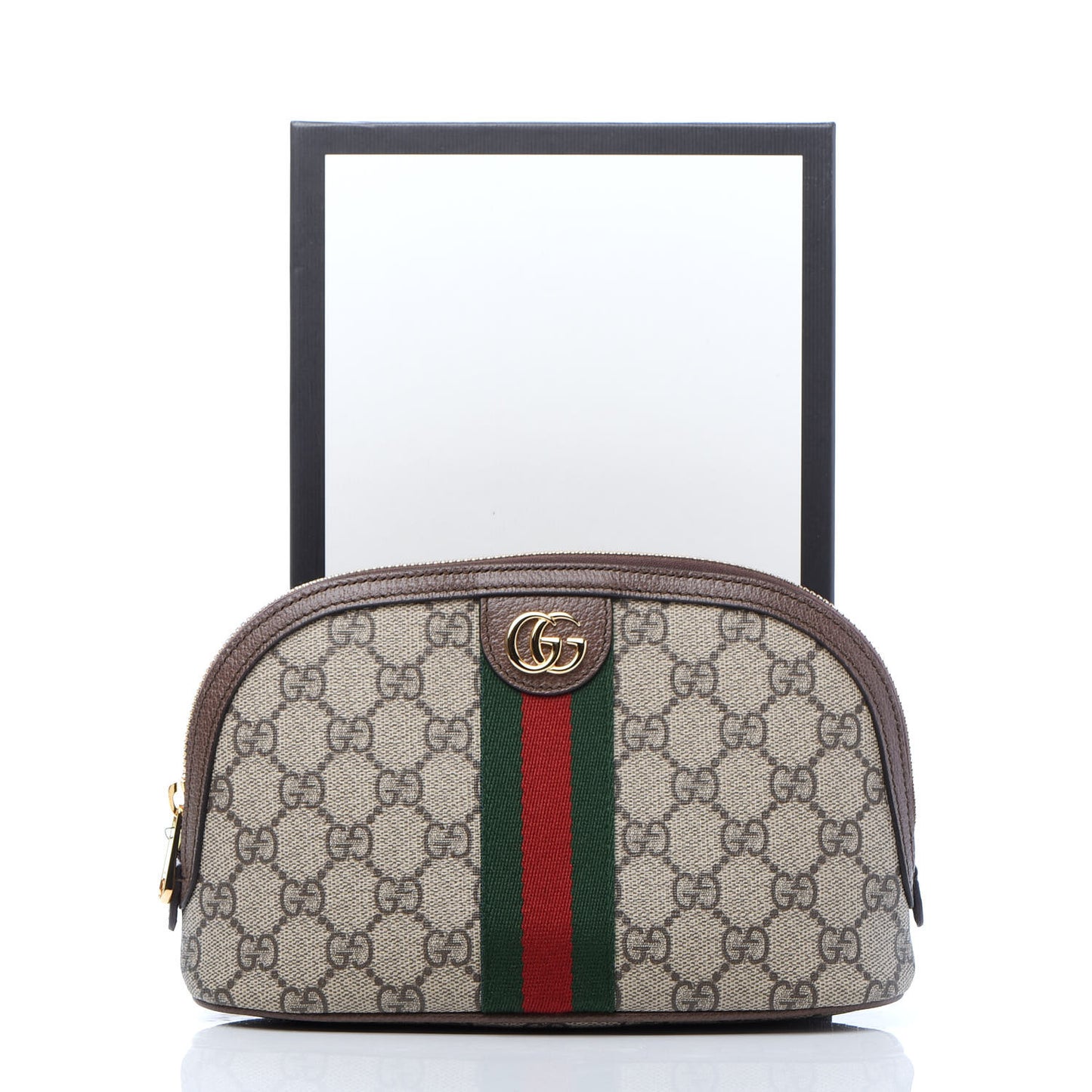 GG Supreme Monogram Textured Calfskin Web Large Ophidia Cosmetic Case Beige Ebony New Acero