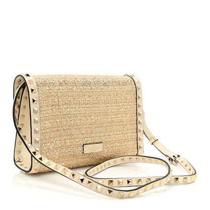Valentino Garavani Metallic Boucle Raffia Calfskin Small Rockstud Flip Lock Crossbody Bag Ivory Gold 2 of 7