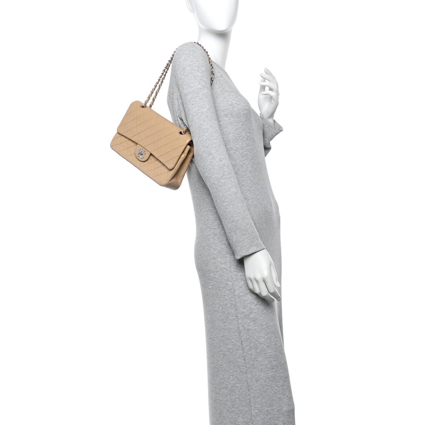 Lambskin Quilted Medium Double Flap Beige