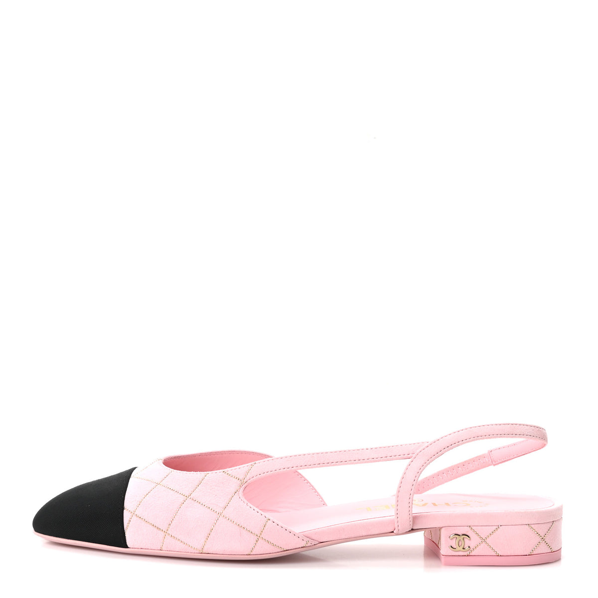Suede Crystal Grosgrain Cap Toe CC Slingback Flats 39 Pink Gold Black
