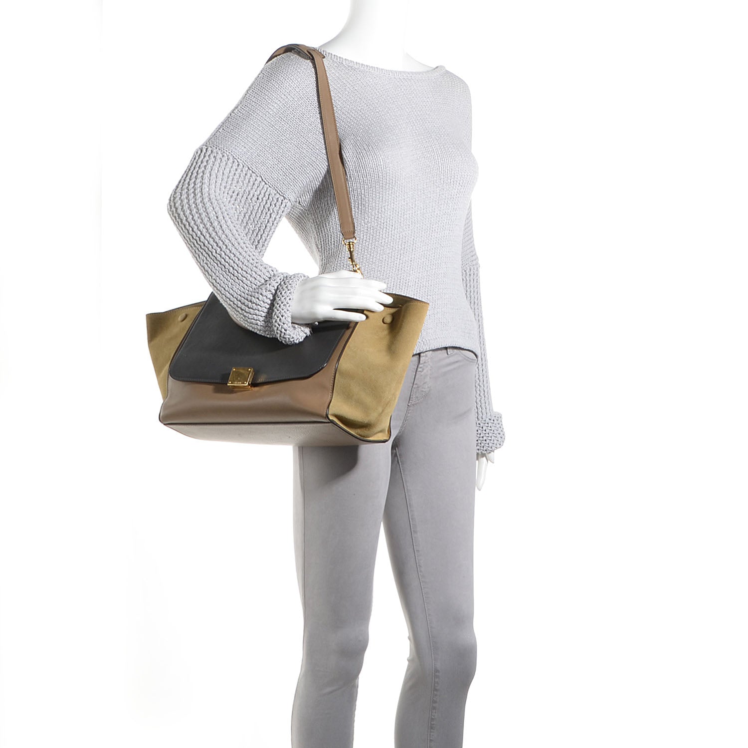 Celine Calfskin Suede Medium Tri-Color Trapeze Olive 2 of 9