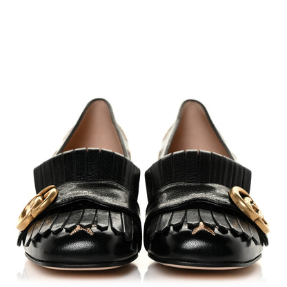 Gucci Quentin Goatskin Bee Star Embroidered GG Marmont Fringe 50mm Loafer Pumps 35 Black 2 of 10