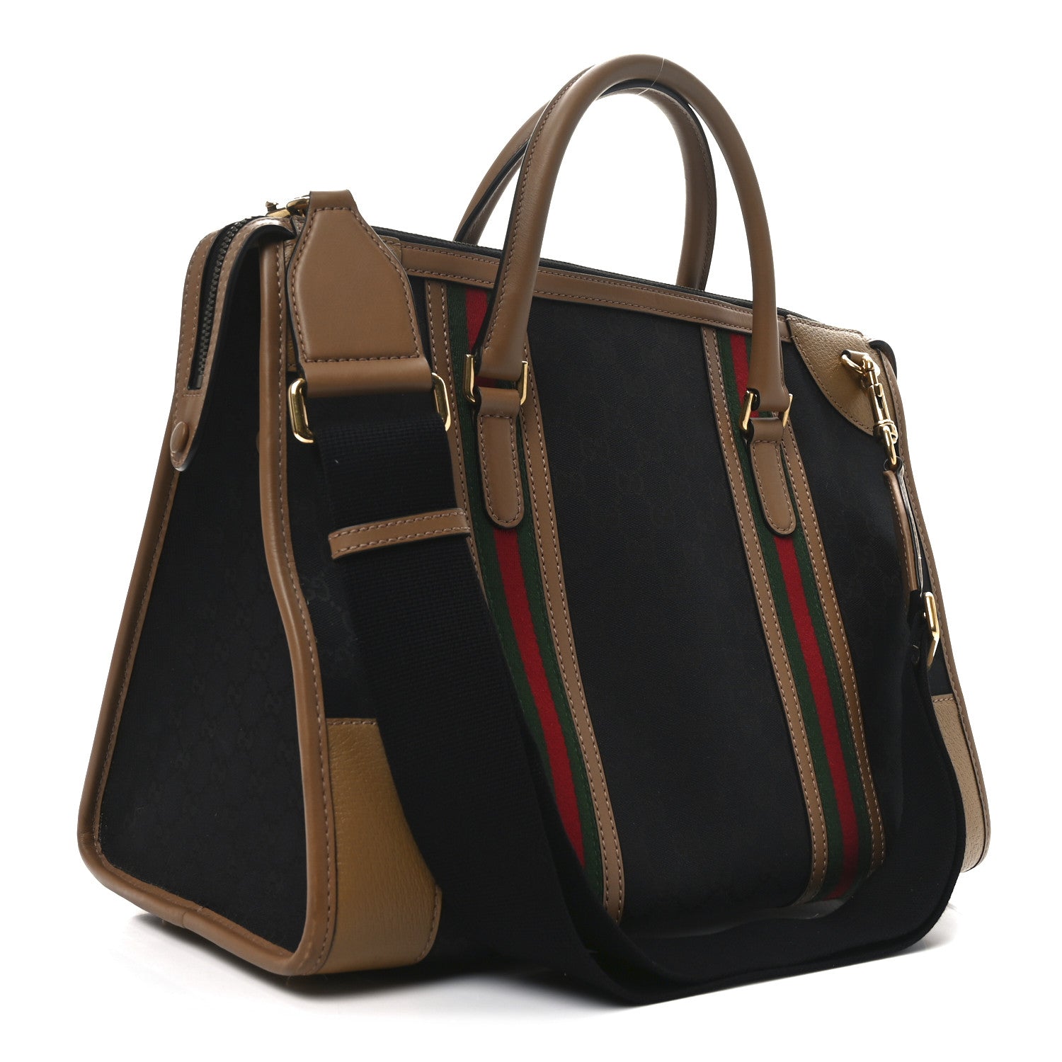 Gucci Monogram Textured Dollar Calfskin Web Large Bauletto Duffle Top Handle Bag Black Koi Beige 3 of 10