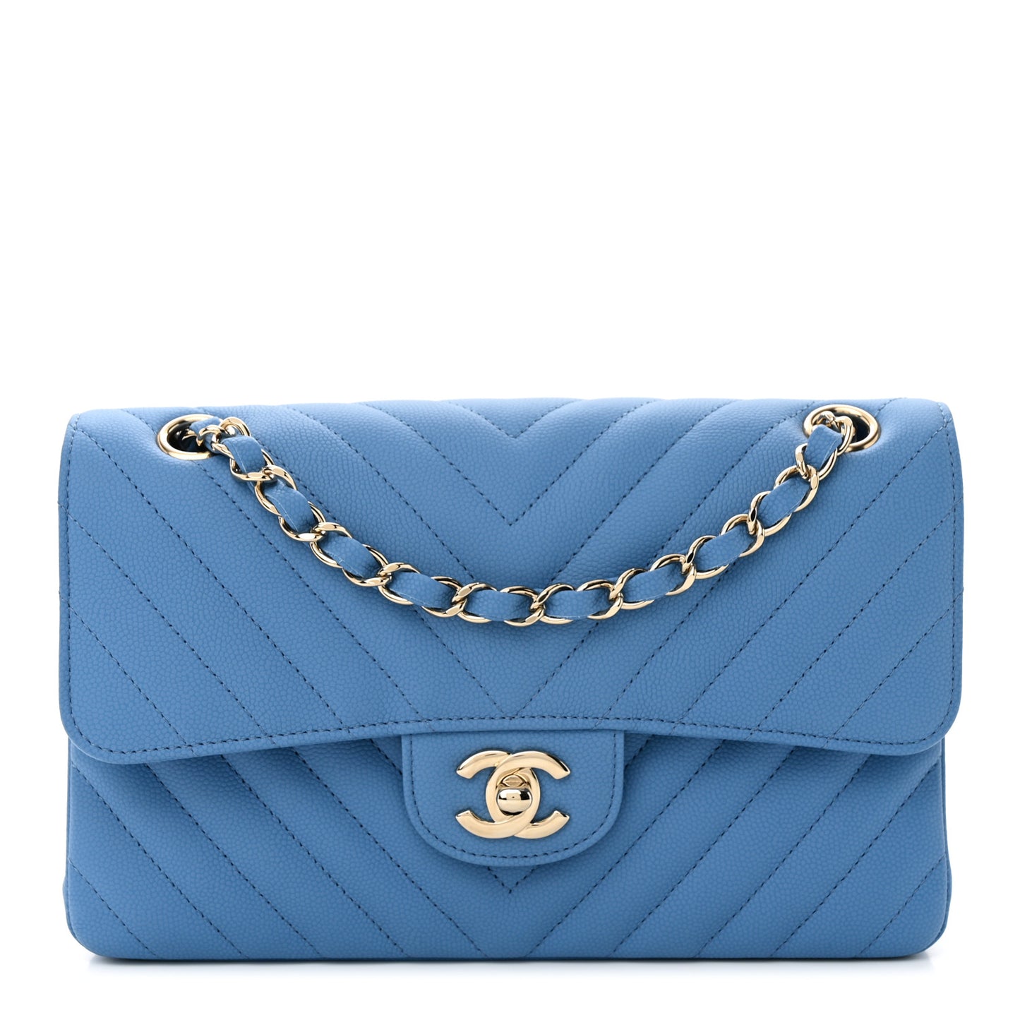 Caviar Flat Chevron Quilted Small Double Flap Blue