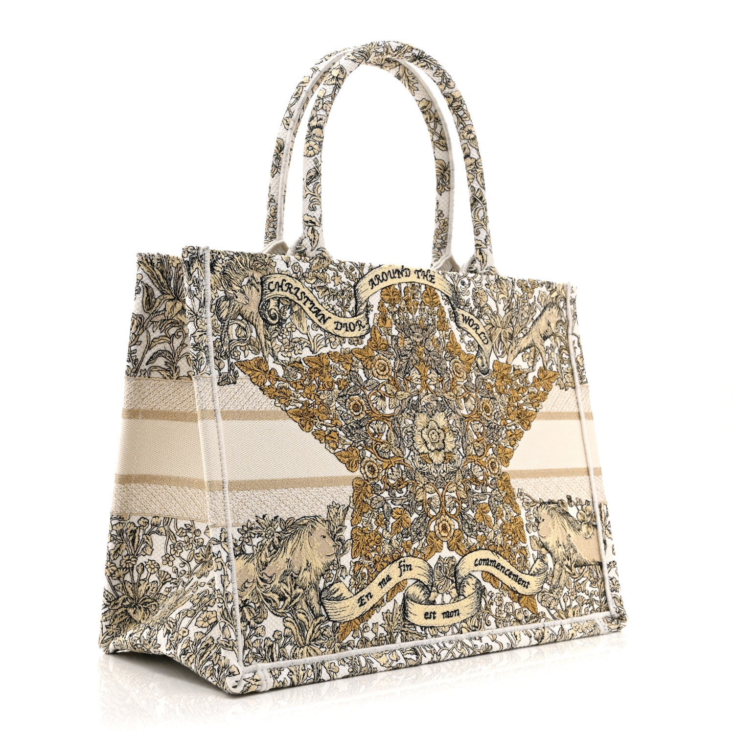 Christian Dior Canvas Embroidered Medium Around The World Book Tote Gold 3 of 10