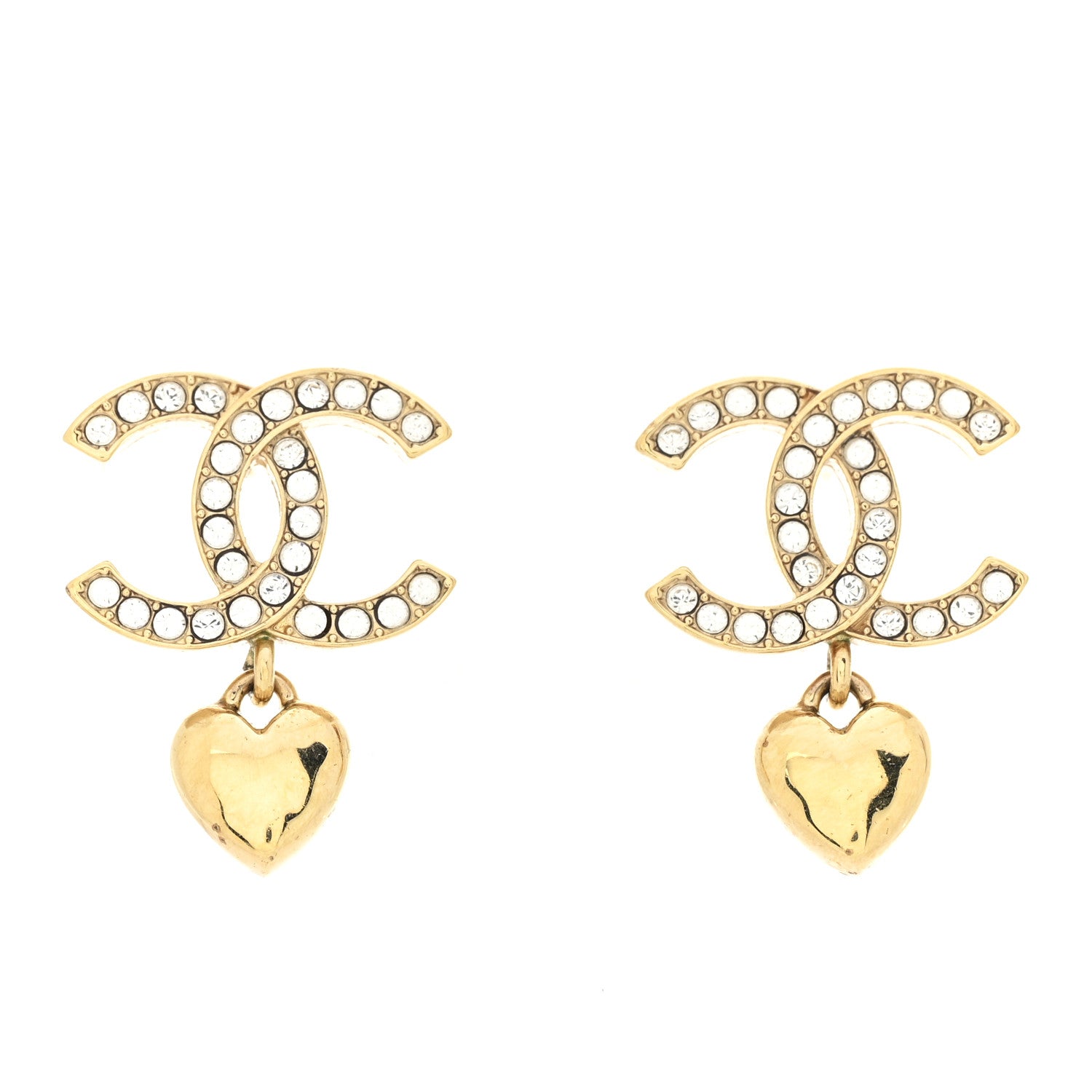 Chanel Metal Crystal CC Heart Drop Earrings Gold 1 of 4