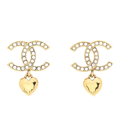 Chanel Metal Crystal CC Heart Drop Earrings Gold 1 of 4
