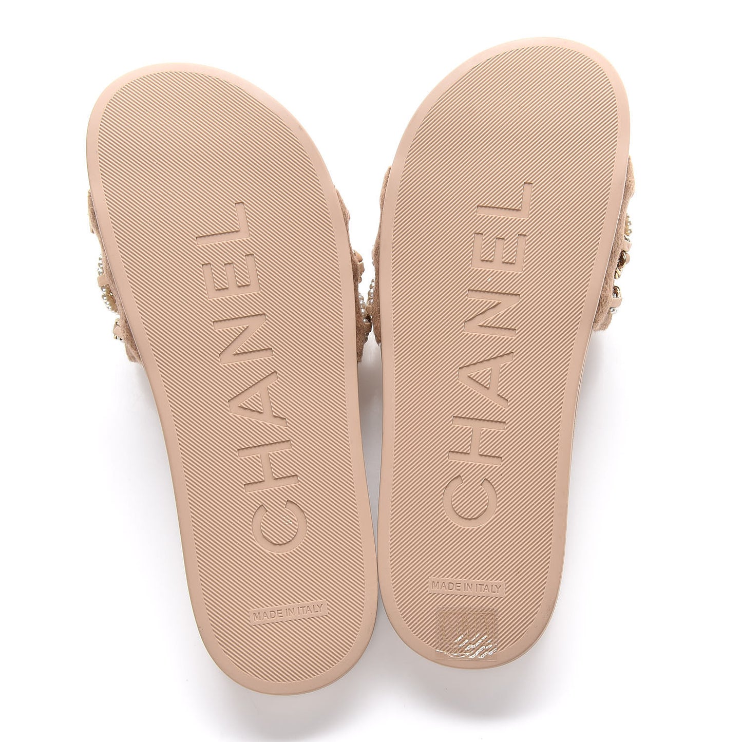 Felt Pearl Lambskin Chain Flat Sandals 39 Beige