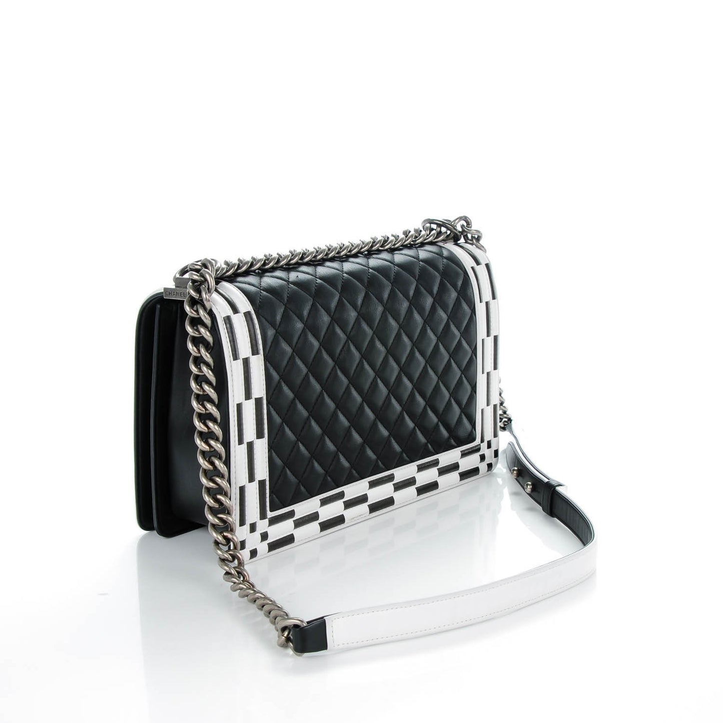 Calfskin Quilted Checkerboard Trim New Medium Boy Flap Black White