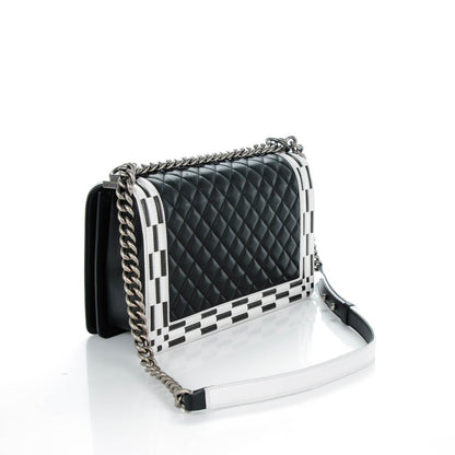 Chanel Calfskin Quilted Checkerboard Trim New Medium Boy Flap Black White 3 of 7