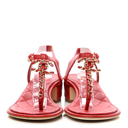Chanel Lambskin Chain CC Logo Thong Sandals 37 Red 2 of 8