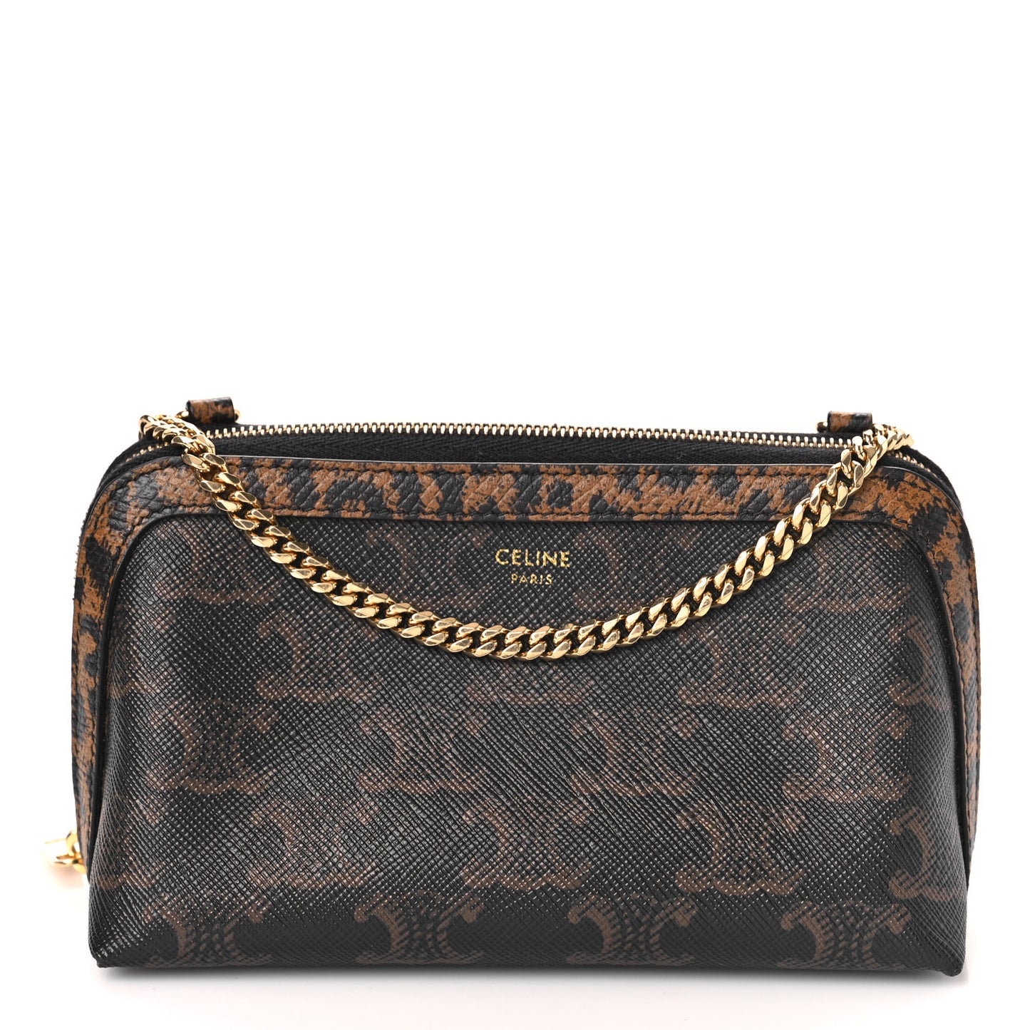 Triomphe Canvas Calfskin Leopard Print Mini Clutch on Chain Black Tan