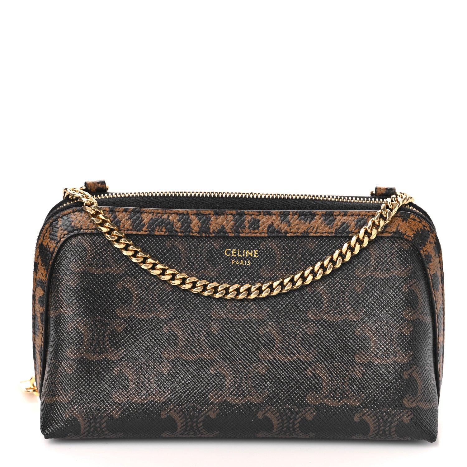 Celine Triomphe Canvas Calfskin Leopard Print Mini Clutch on Chain Black Tan 1 of 7