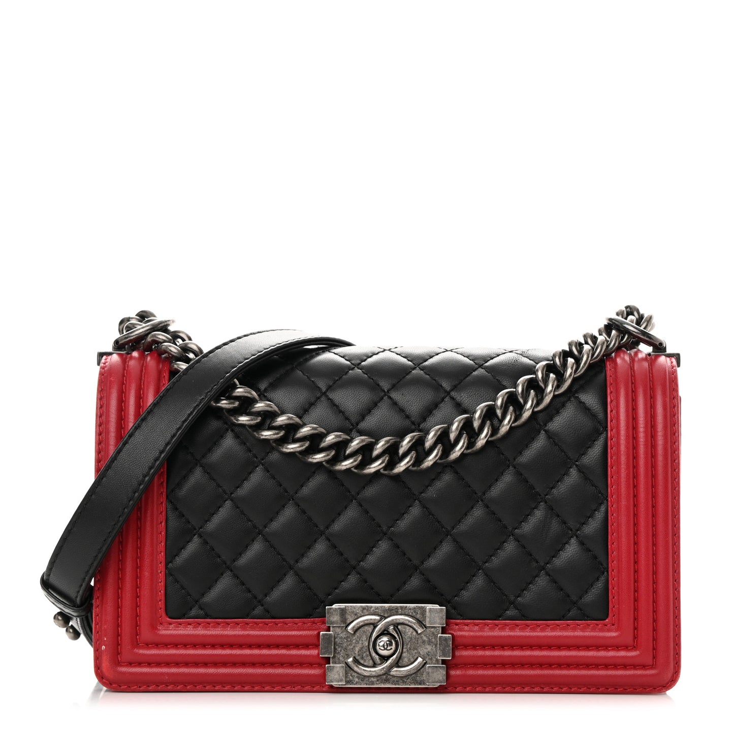 Lambskin Quilted Medium Boy Flap Black Red