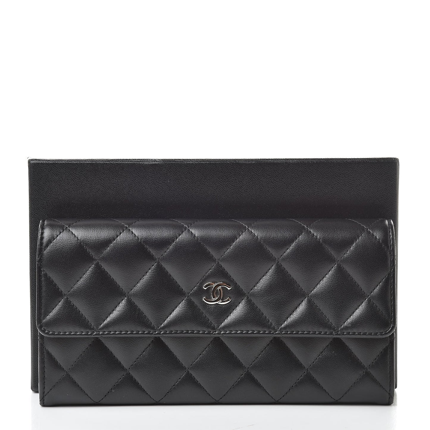 Lambskin Quilted Large Gusset Flap Wallet Black