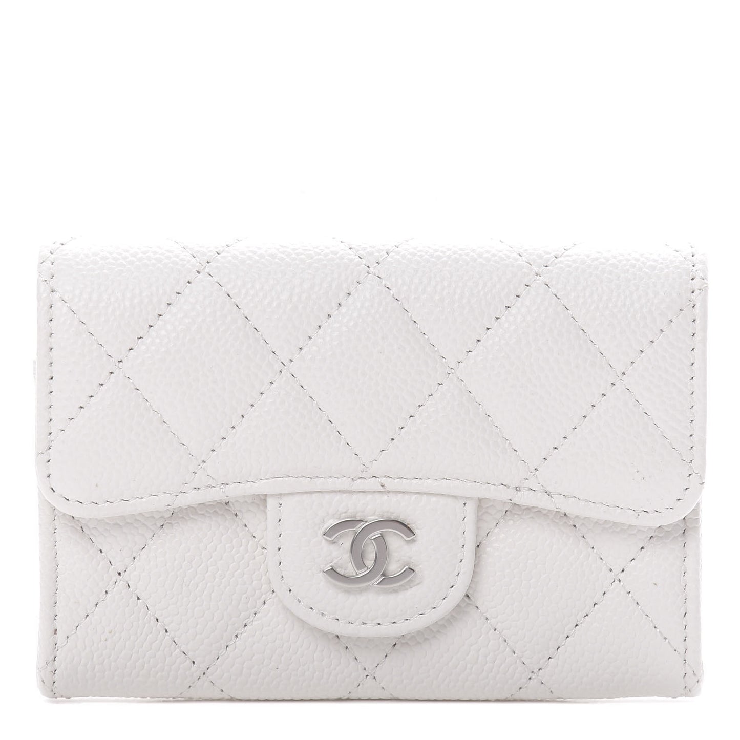 Caviar Quilted Flap Card Holder Wallet White