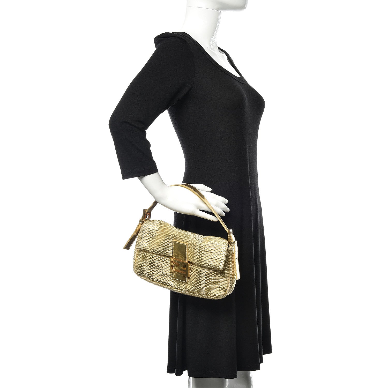 Fendi Canvas Metallic Calfskin Woven FF Baguette Gold 2 of 14